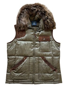 Ralph Lauren Silk Cotton Down Puffer Vest M Faux Fur Suede Equestrian Y2K VTG